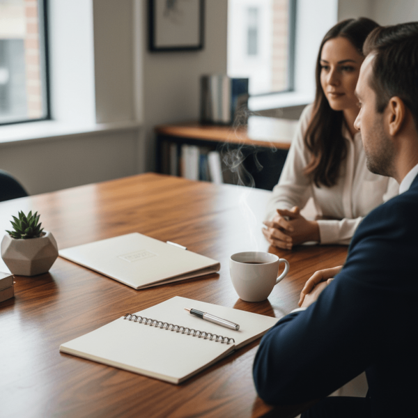 Entretien individuel de conseil en évolution professionnelle entre conseiller et bénéficiaire dans un bureau moderne