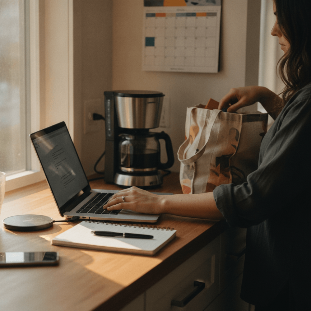 Femme entrepreneur gérant simultanément son activité professionnelle et ses responsabilités domestiques dans un espace de travail hybride